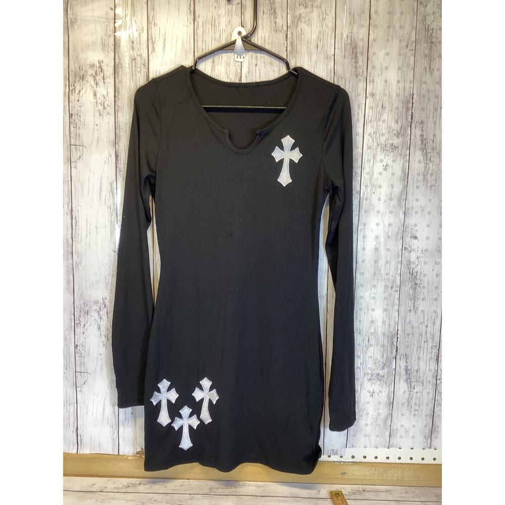 Embroidered Cross Pattern Notched Neck Dress – Bo… - image 1